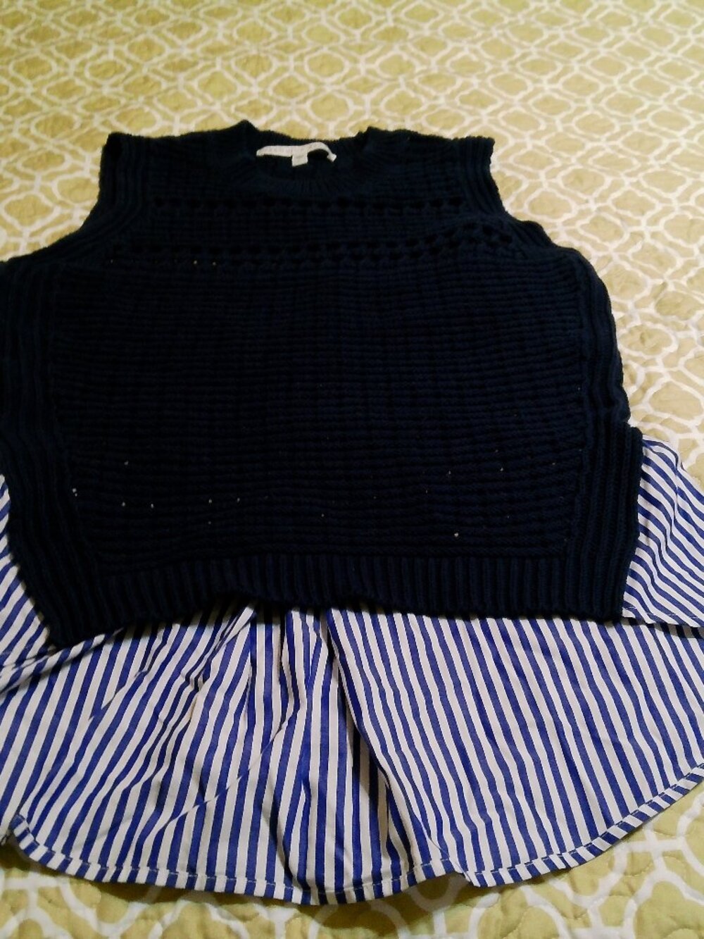 Veronica Beard Navy Knit Sweater Vest with Blue & White Striped Shirt Hem